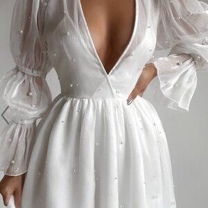 Solanna Mini Dress - Long Puff Sleeve V Neck Dress in White